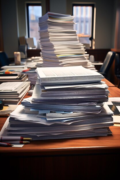 large stack of papers on the desktop in the office