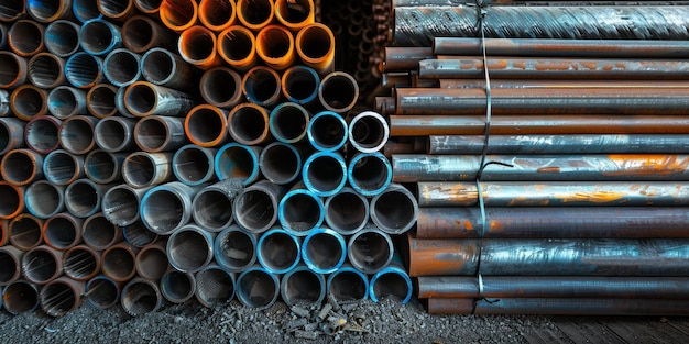 Photo a large stack of steel pipes of various sizes and colors