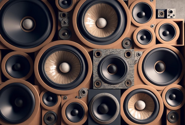 A large stack of vintage music audio speakers generative ai