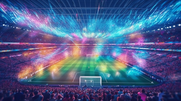 A large stadium with a soccer field and a crowd of people generative ai