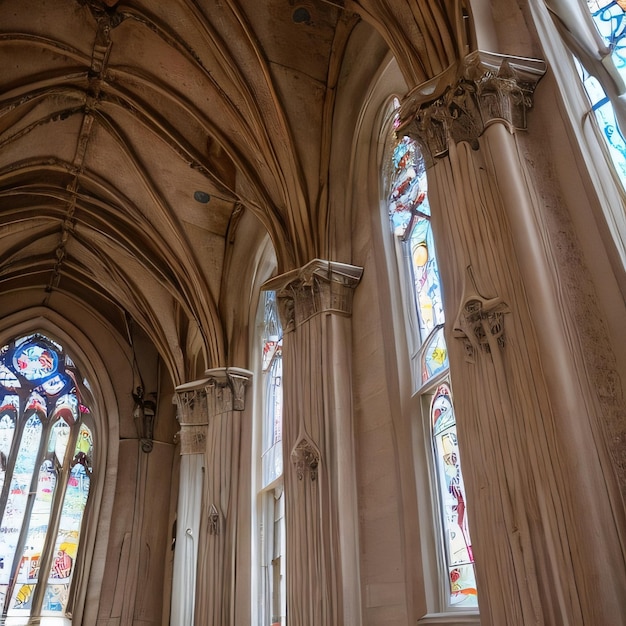 Photo a large stained glass window in a church with a red and blue sign above it.