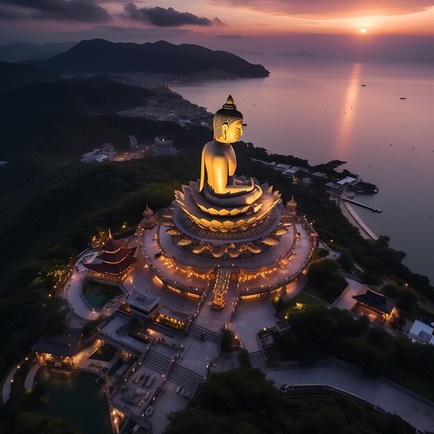 A large statue of a buddha on a hill with a body of water and mountains