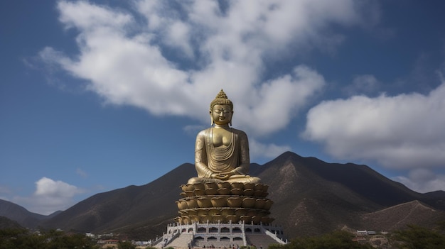 Photo a large statue of buddha sits in front of a mountain.