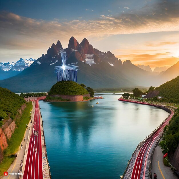 Photo a large statue of a cross is in the water