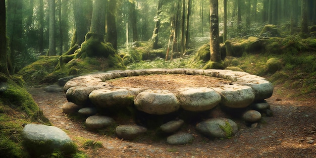 A large stone bench in the forest