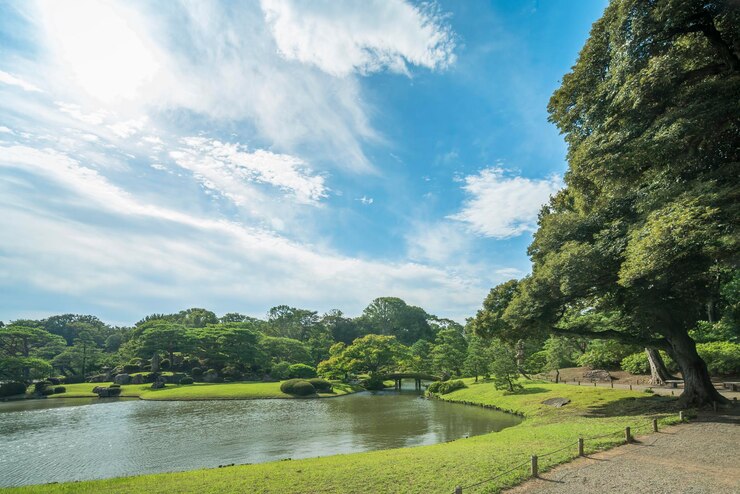 Photo 日本の東京のリクギエン公園にある青い空の下の大きな石の橋