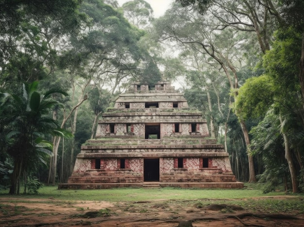 A large stone building in the jungle with the word mayan on the front.