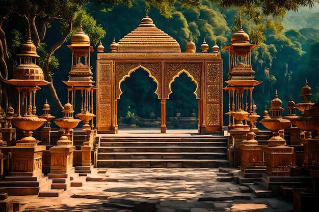 A large stone gate with a tree in the background