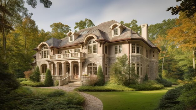 A large stone house with a large front porch and a driveway.