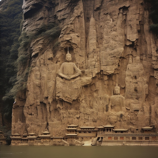 a large stone statue is on a cliff face.