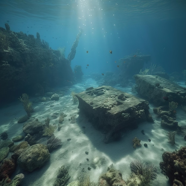 A large stone structure is surrounded by water and rocks.