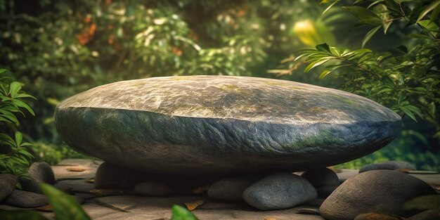 Large stone with green leaves