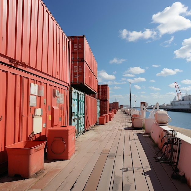 Large storage containers next to containers in a port