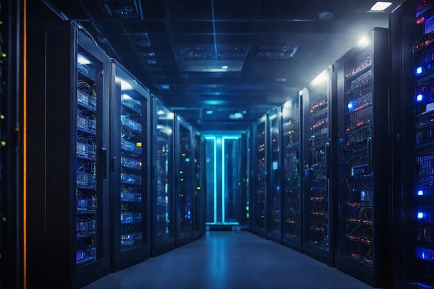 a large storage room with a blue light on the ceiling