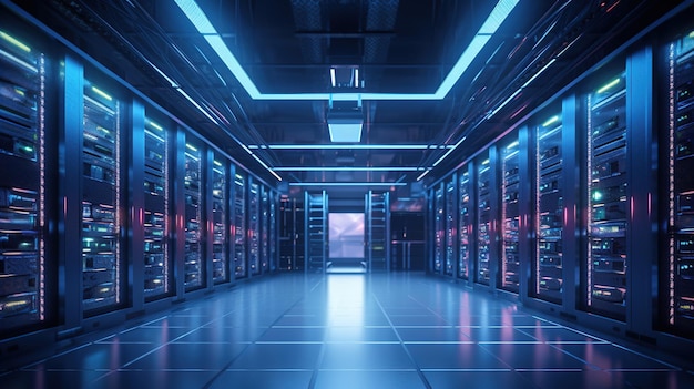 a large storage room with a blue neon light on the ceiling