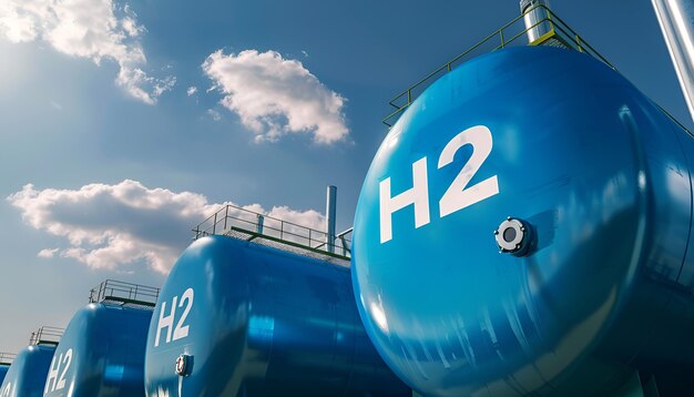 写真 大きな貯蔵タンクに h2 と hydrogen のラベルが青い空の背景に書かれています