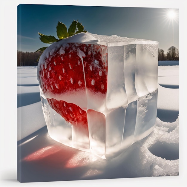 A large strawberry made of ice is covered in snow.