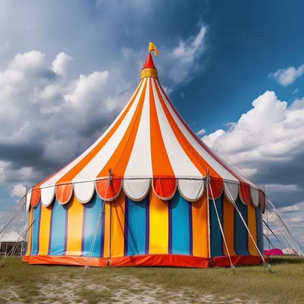 A large striped tent with the word circus on it