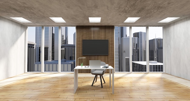 Large style office interior with place of work with group of\
office equipment