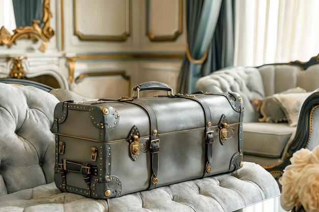 Photo a large suitcase is sitting on a couch in a room with blue curtains