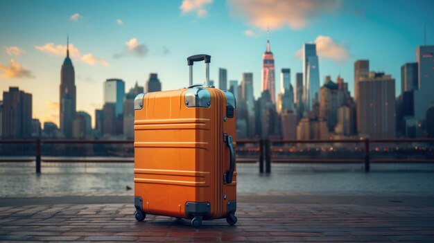 Large suitcase on wheels against the backdrop of a city landscape