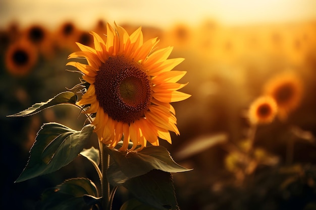 Large sunflower in sunlight on a blurry background close up Generative AI