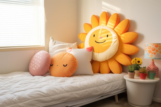 Large sunshaped pillow on a childrens bed