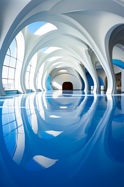 Large swimming pool in building with skylight Generative AI