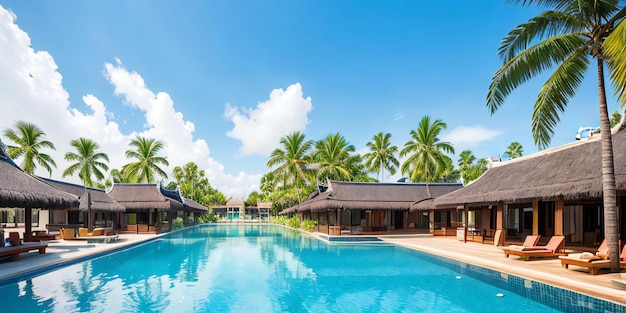 A large swimming pool surrounded by palm trees