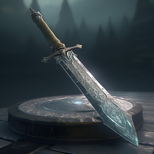 A large sword with a design on it is sitting on a table.