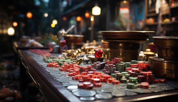 Photo a large table of gambling chips illuminated the casino night generated by artificial intelligence