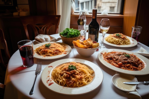 Foto grande tavolo di cibo italiano in una trattoria generativa ia