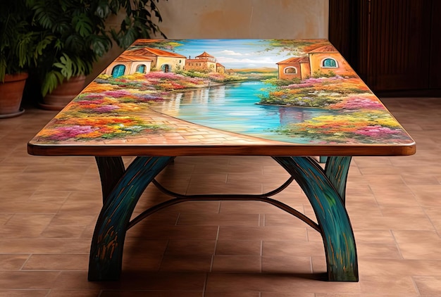나무로 만든 큰 테이블은 지중해 풍경의 스타일로 물색으로 칠해져 있습니다.