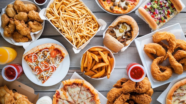 Фото Большой стол с различными продуктами питания, такими как пицца, картошка фри, луковые кольца, генеративный ай