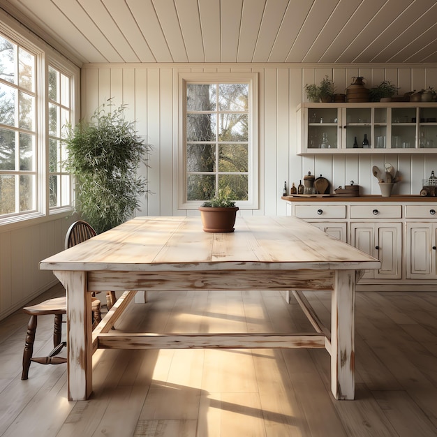 a large table in a room with windows and plants