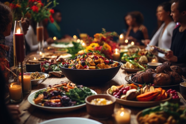 large table with vegan food and people