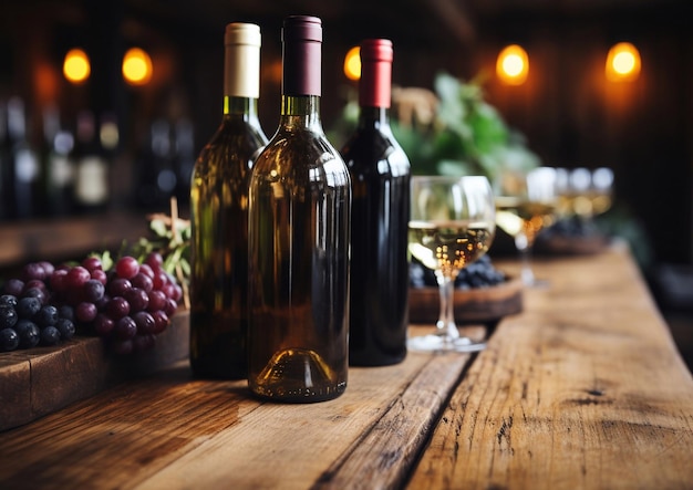 Large table with wine bottles in large winery vintage shop blurred backgroundAI Generative