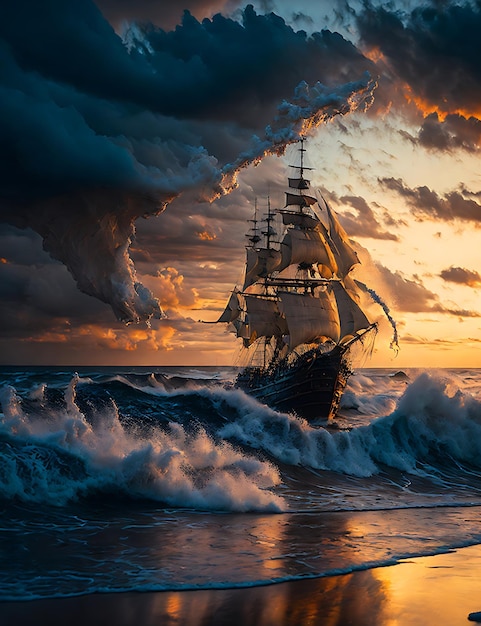 large tall pirate ship with sails