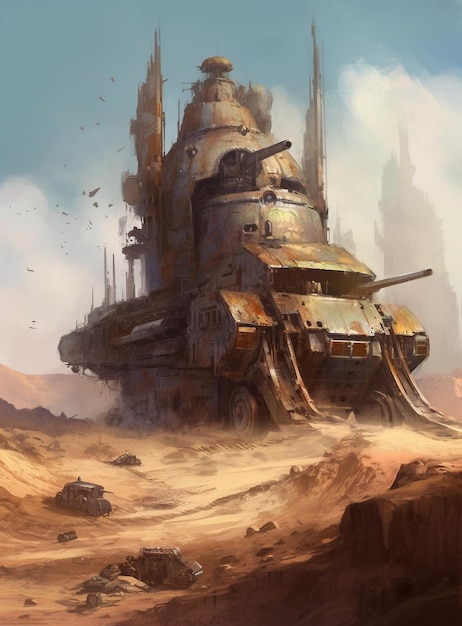 A large tank in the desert with a sky background.