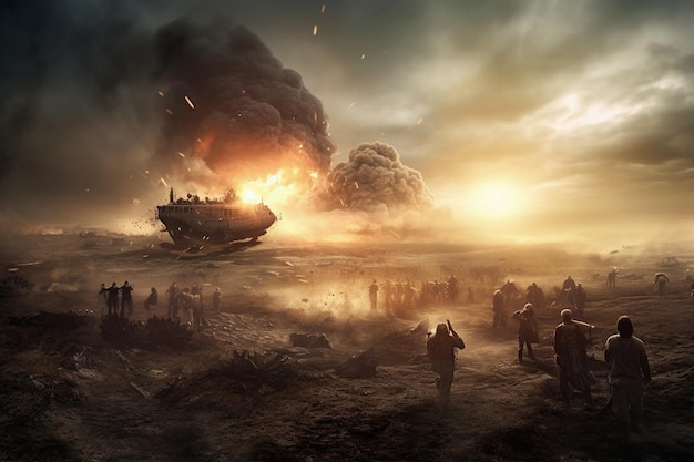 A large tank is surrounded by smoke and people are standing in a desert with a burning ship in the background.