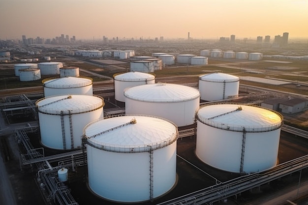 A large tank yard with a city skyline in the background