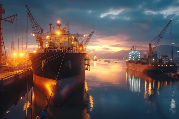 Large tanker docked in busy port for unloading at night