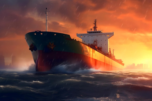 Large tanker ship sailing in the sea at sunset