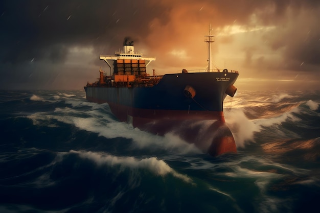 Large tanker ship sailing in the sea at sunset