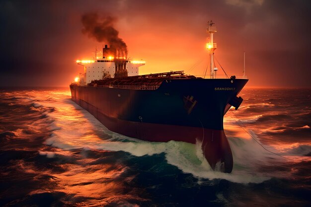 Большой танкер, плывущий в море на закате