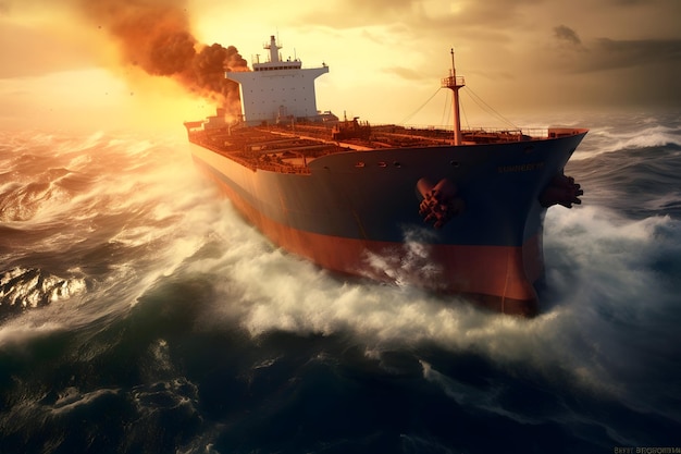 Large tanker ship sailing in the sea at sunset