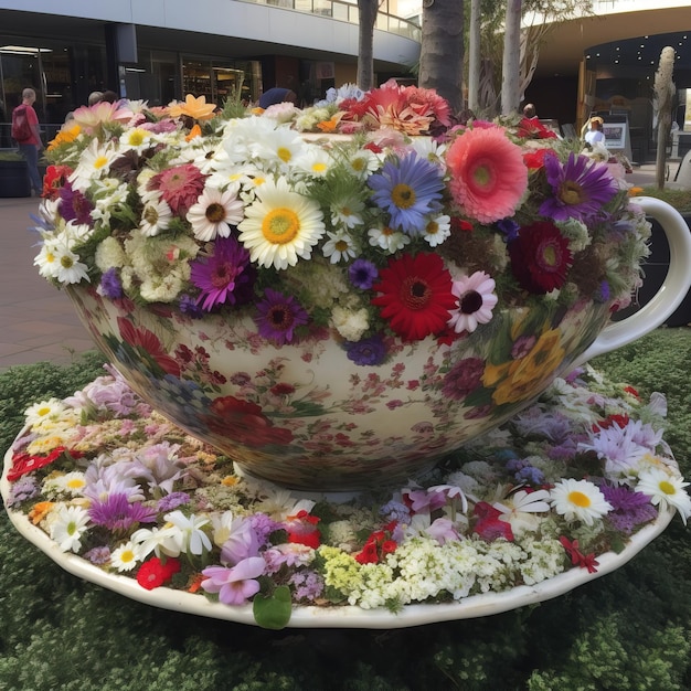 A large teacup with flowers in it is on a plate.