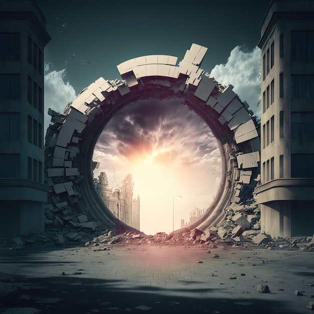 A large teleport portal in the middle of a city destroyed by the apocalypse 3d illustration