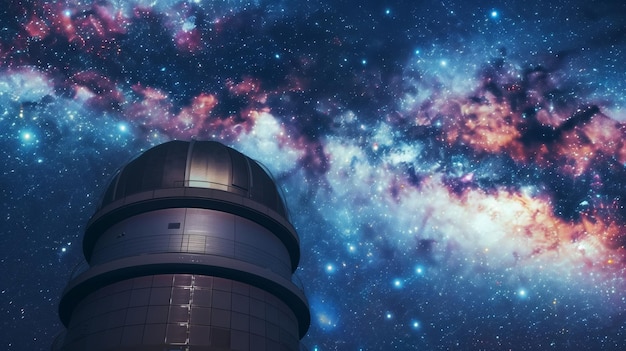 Large telescope on building under starfilled sky