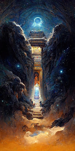 Большой храм на платформе, простирающейся над горами, удивительный цветущий оазис 3d иллюстрация